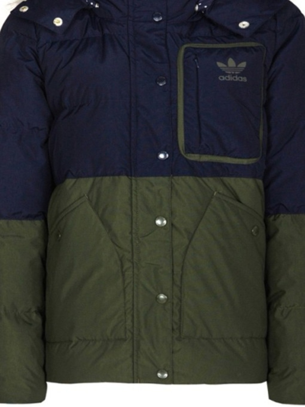 adidas Two-Tone Hooded Puffer Jacket in Navy & Olive Green